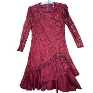 David Rose Vintage 80s Cocktail Dress Sz 14 Floral Lace Burgundy Fancy Event